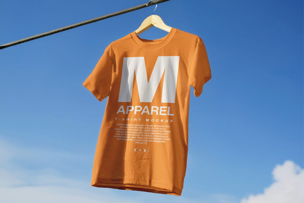 Hanging T-Shirt Mockup With Blue Sky Background