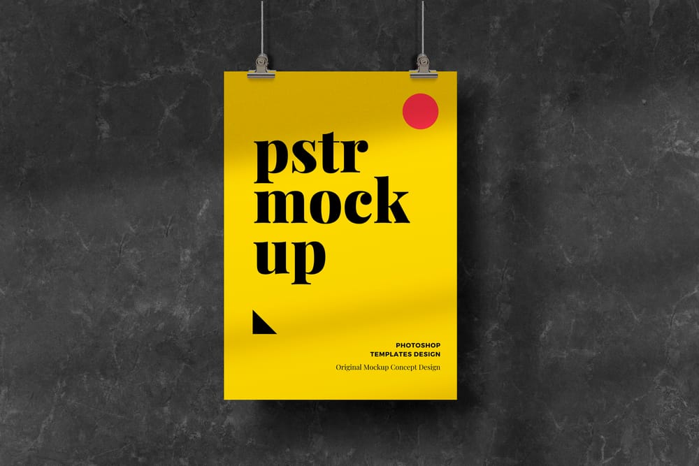 Hanging Poster Mockup on Black Marble Surface