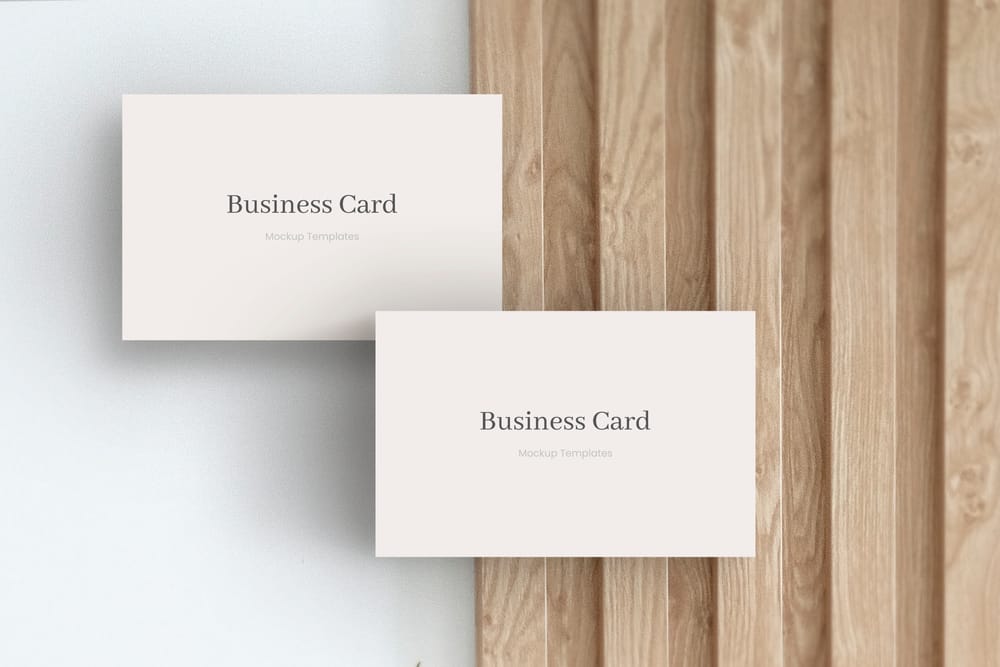 Two Business Card Mockup on Decorative Strip Wood Background