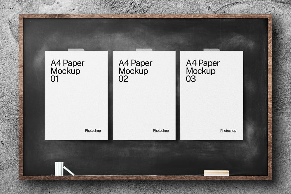 Lined Up White A4 Paper Mockup Sticked on Black Chalkboard