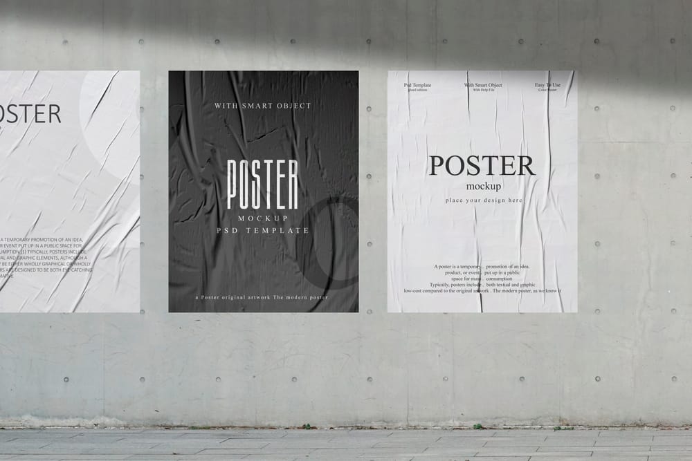 Three Sticked Wrinkled Black and White Poster Mockup