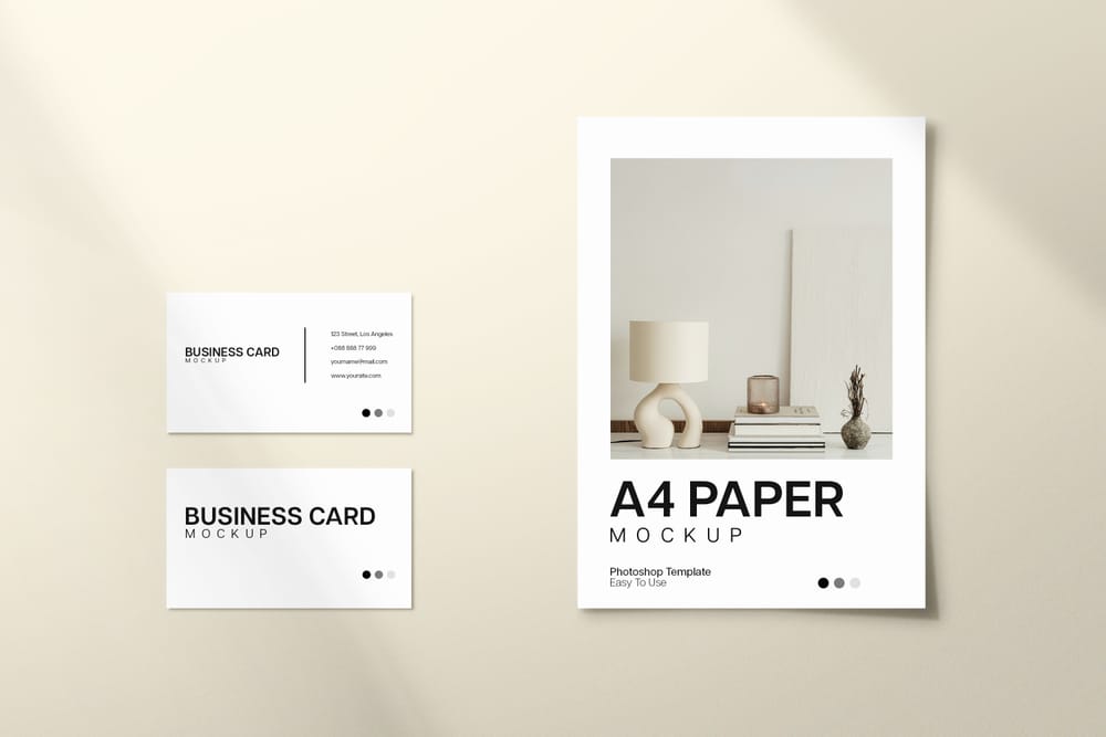 A4 Paper And Business Card Mockup