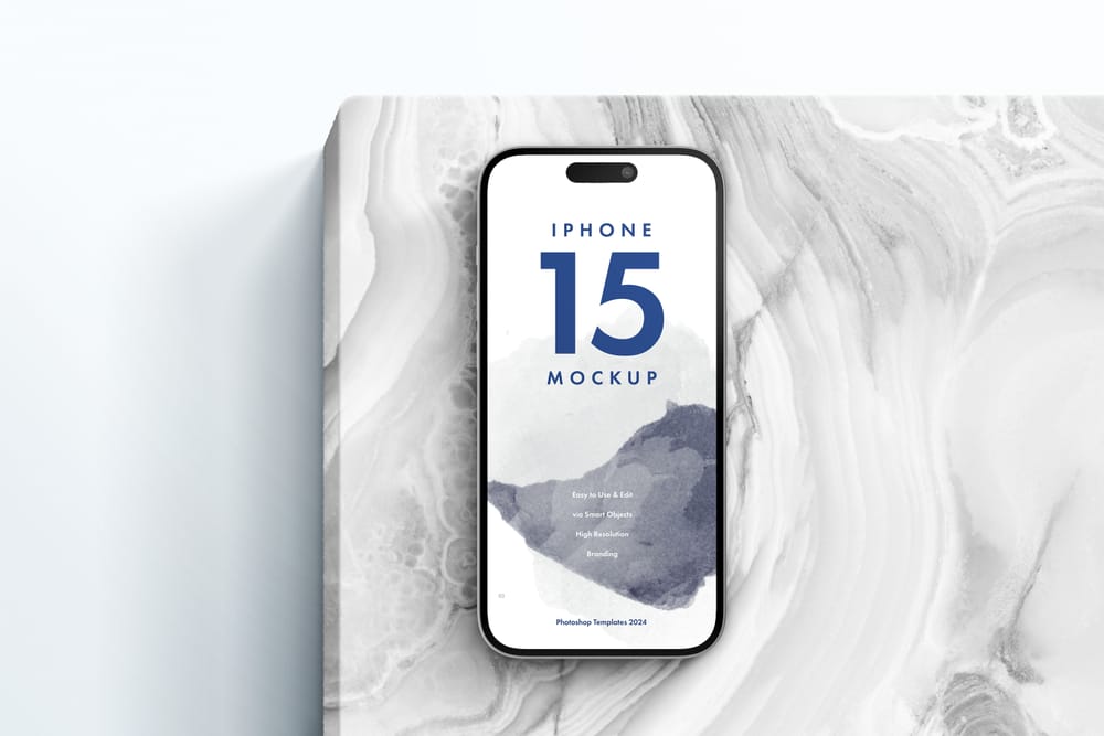 Minimal iPhone 15 Mockup on Marble Podium
