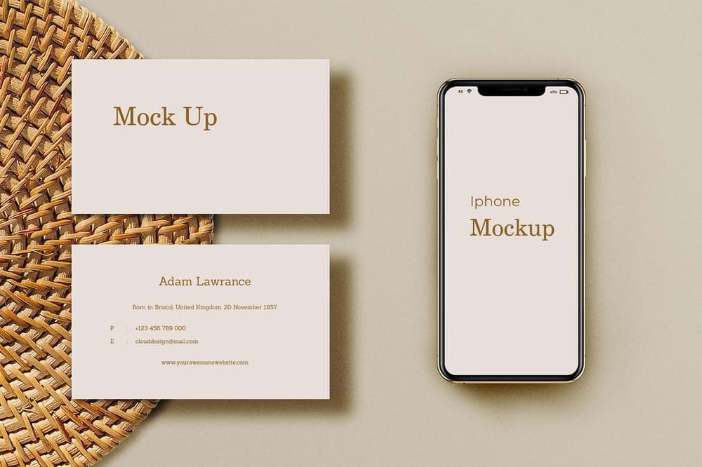 Natural Business Card Mockup With iPhone