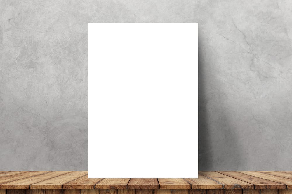A4 Paper Mockup on Wood Podium Leaning on Wall