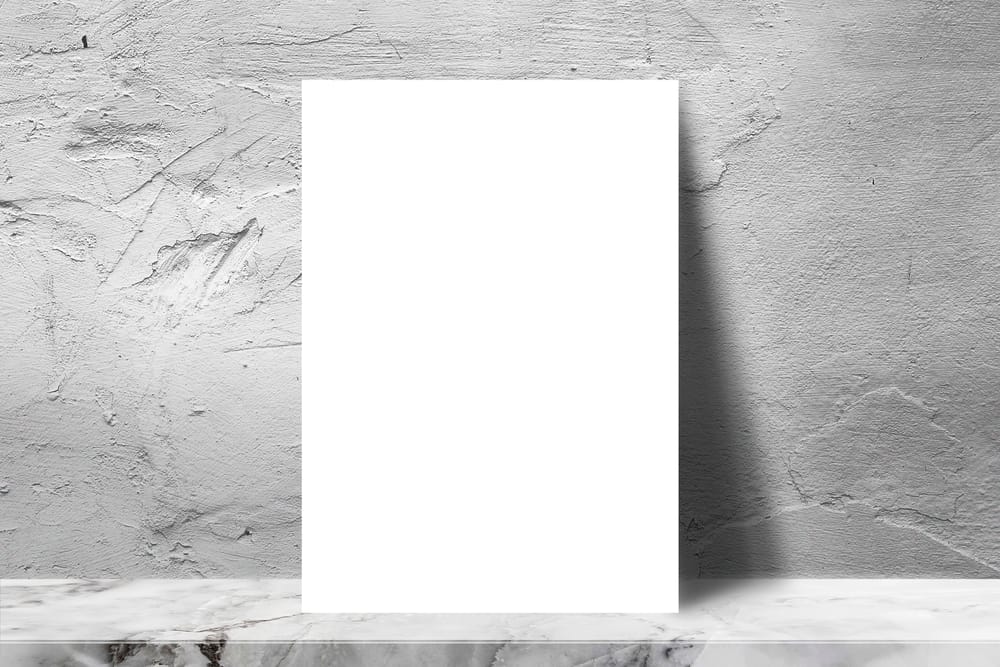 A4 Poster Mockup Stand on Podium Rough Wall