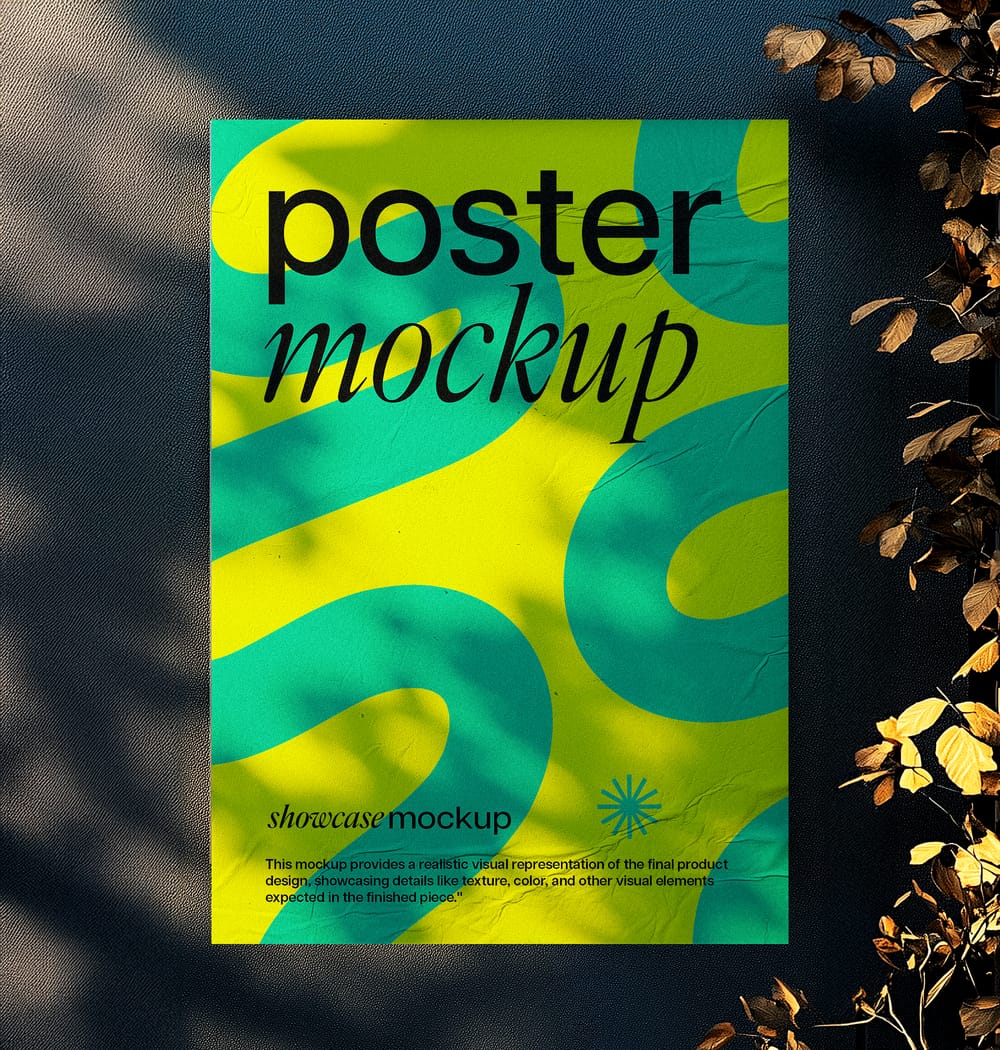 Glued Poster Mockup with Leaf Shadow