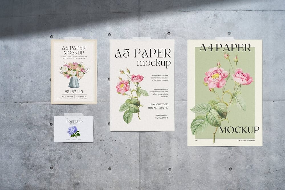 Paper & Postcard On Wall Mockup