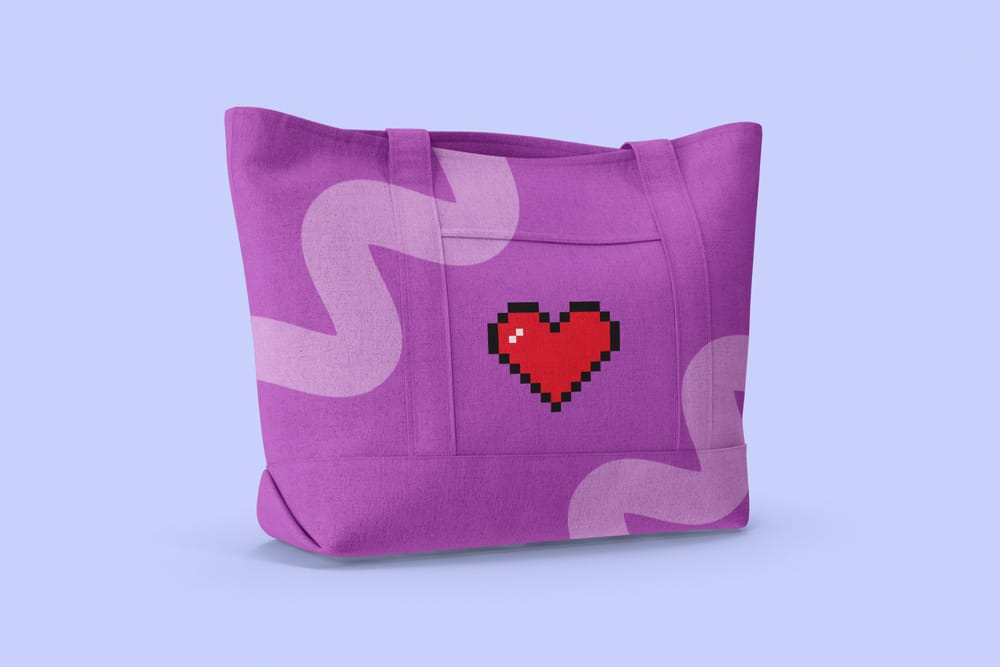 Purple Tote Bag Mockup with Pixel Heart Design