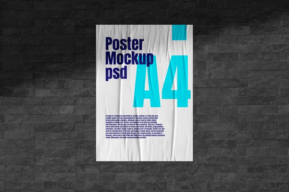 Wrinkled Poster Mockup With Black Wall Brick Background