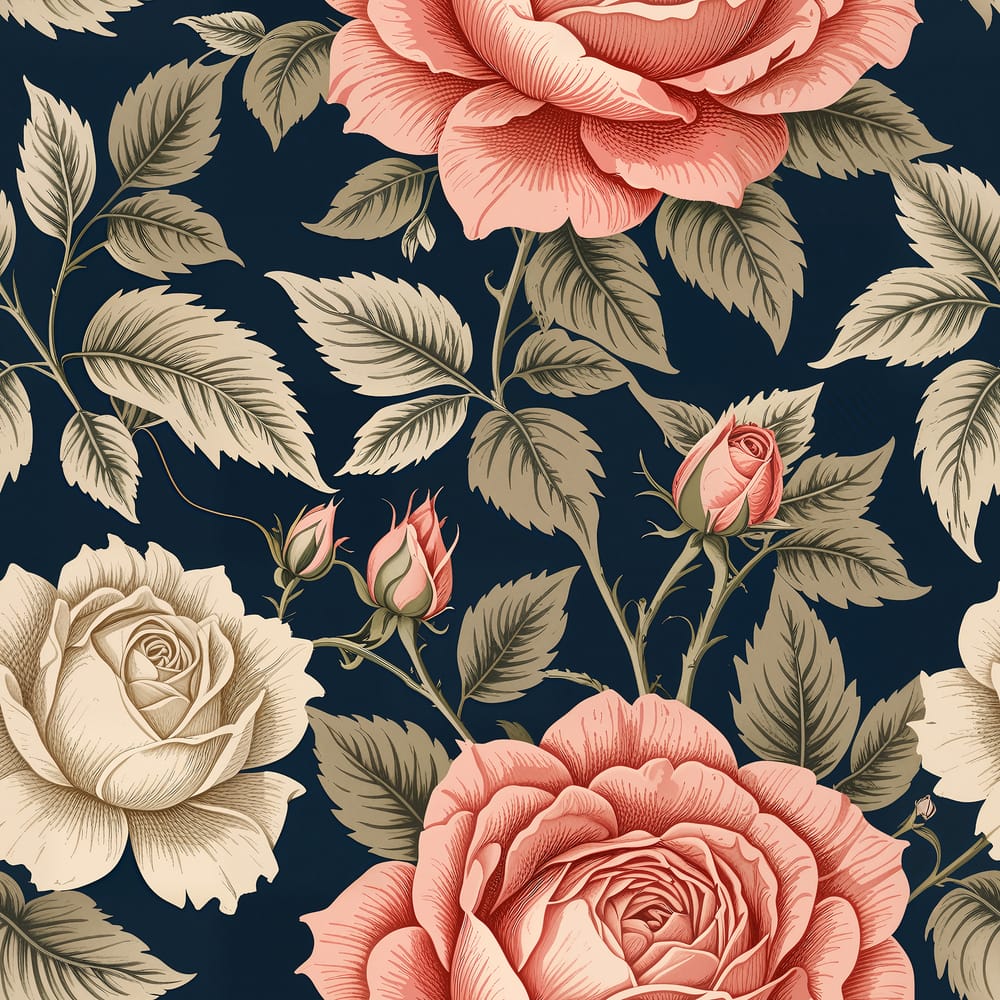 Peach Roses and Cream Buds on Dark Background Pattern
