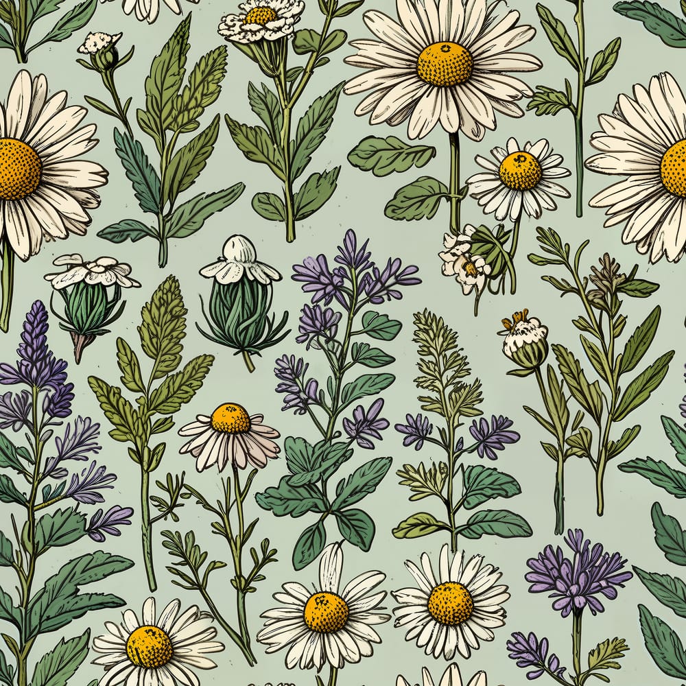 Wild Chamomile and Herbs Seamless Pattern