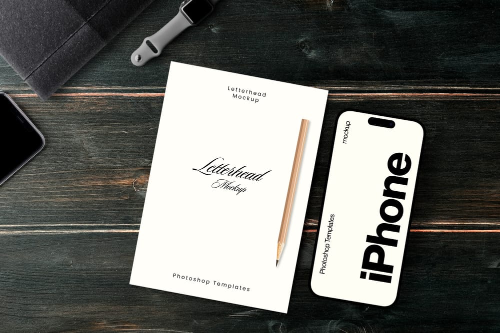 Letterhead and iPhone Mockup on Dark Wooden Desk