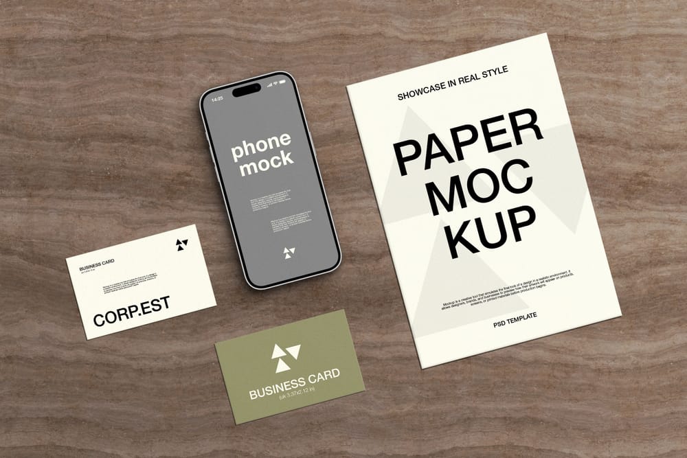 A4 Paper, Business Card & Smartphone Mockup