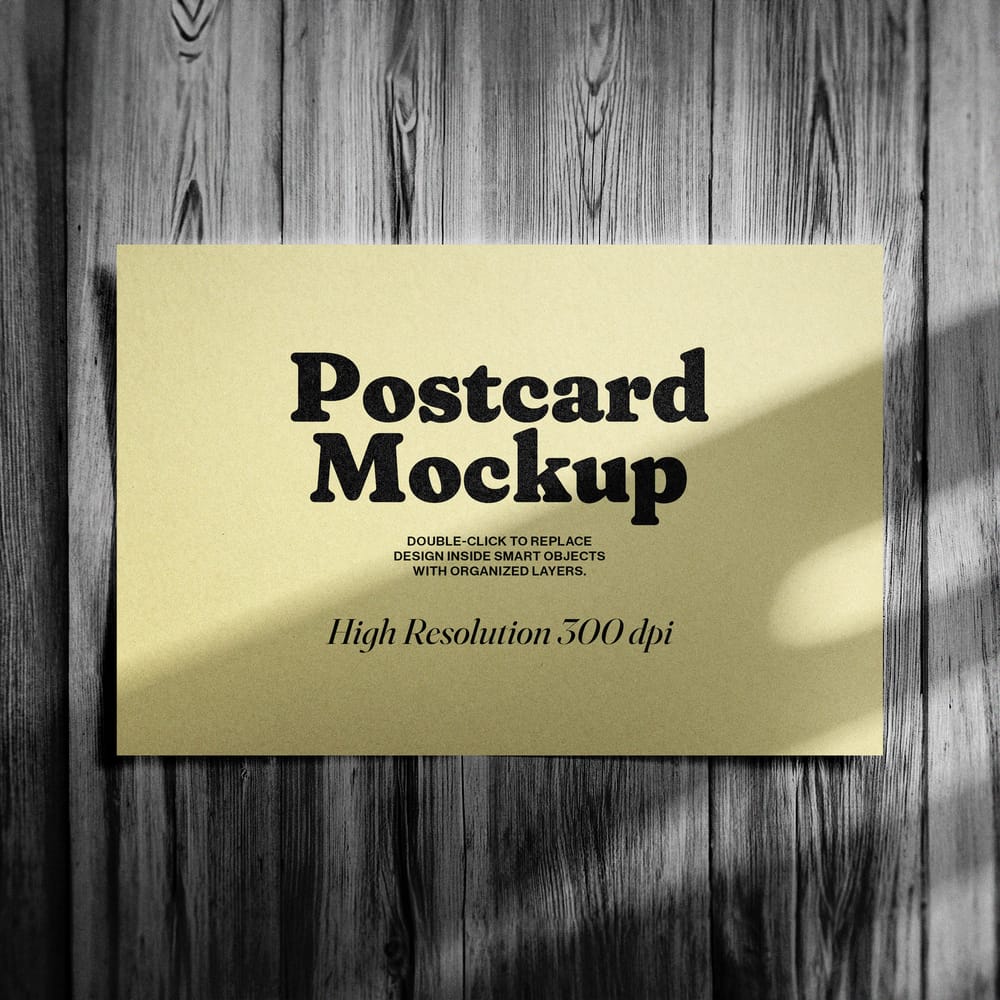 Postcard Mockup on Wood Background