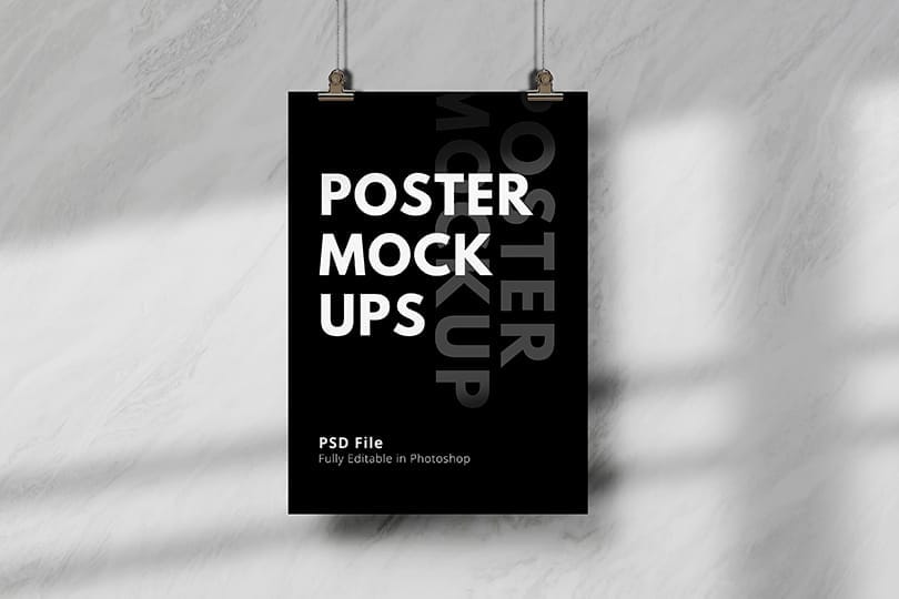 Black Poster Mockup Hanging On A Rope With Shades of Shadow