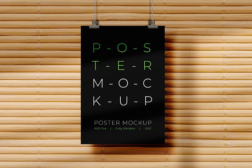 Black Poster Mockup Hanging On A Rope with Bamboo Wall Background