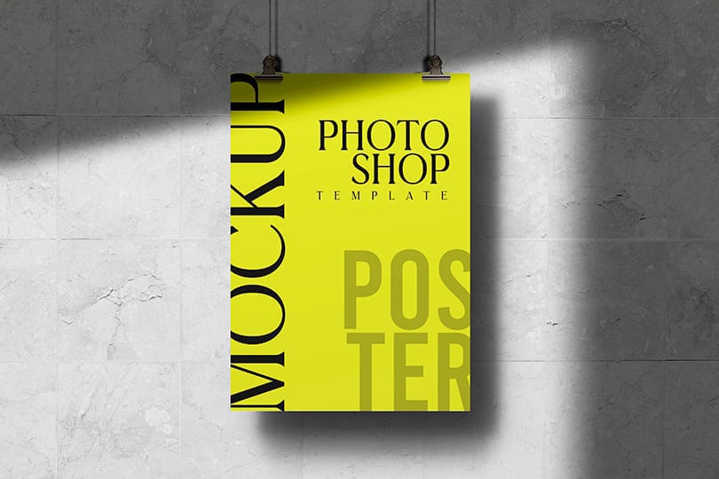 Green Poster Mockup Hanging On A Rope with Shadow Overlay