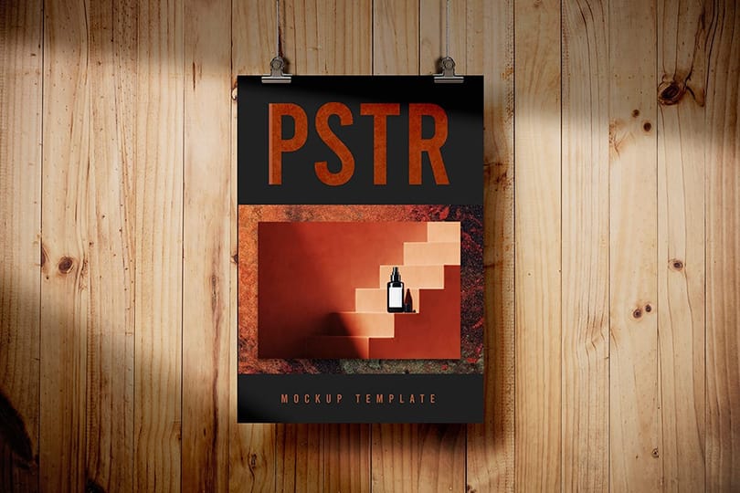 Realistic Hanging Poster Mockup on Wood Background