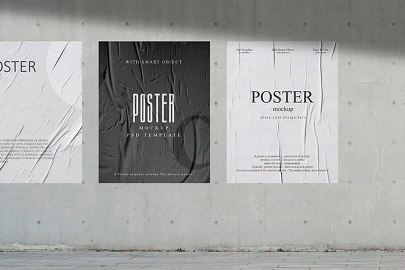 Three Sticked Wrinkled Black and White Poster Mockup