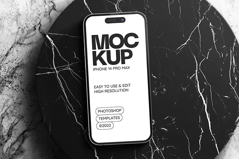 iPhone 14 Pro Max Mockup on Realistic Marble Podium Background