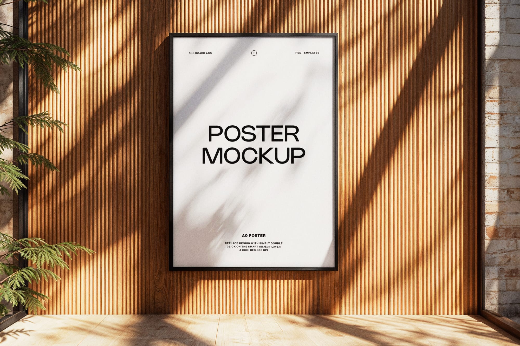 Framed Poster Mockup with Sunlight and Shadow on Wood Paneling