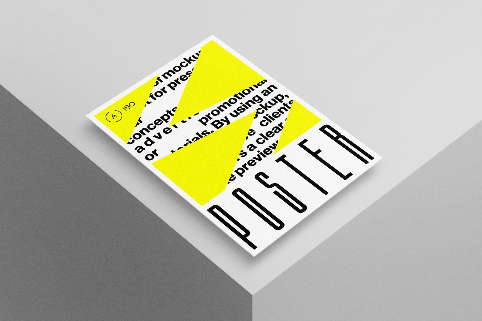 Angled Poster Mockup with Yellow Accents on Geometric Background