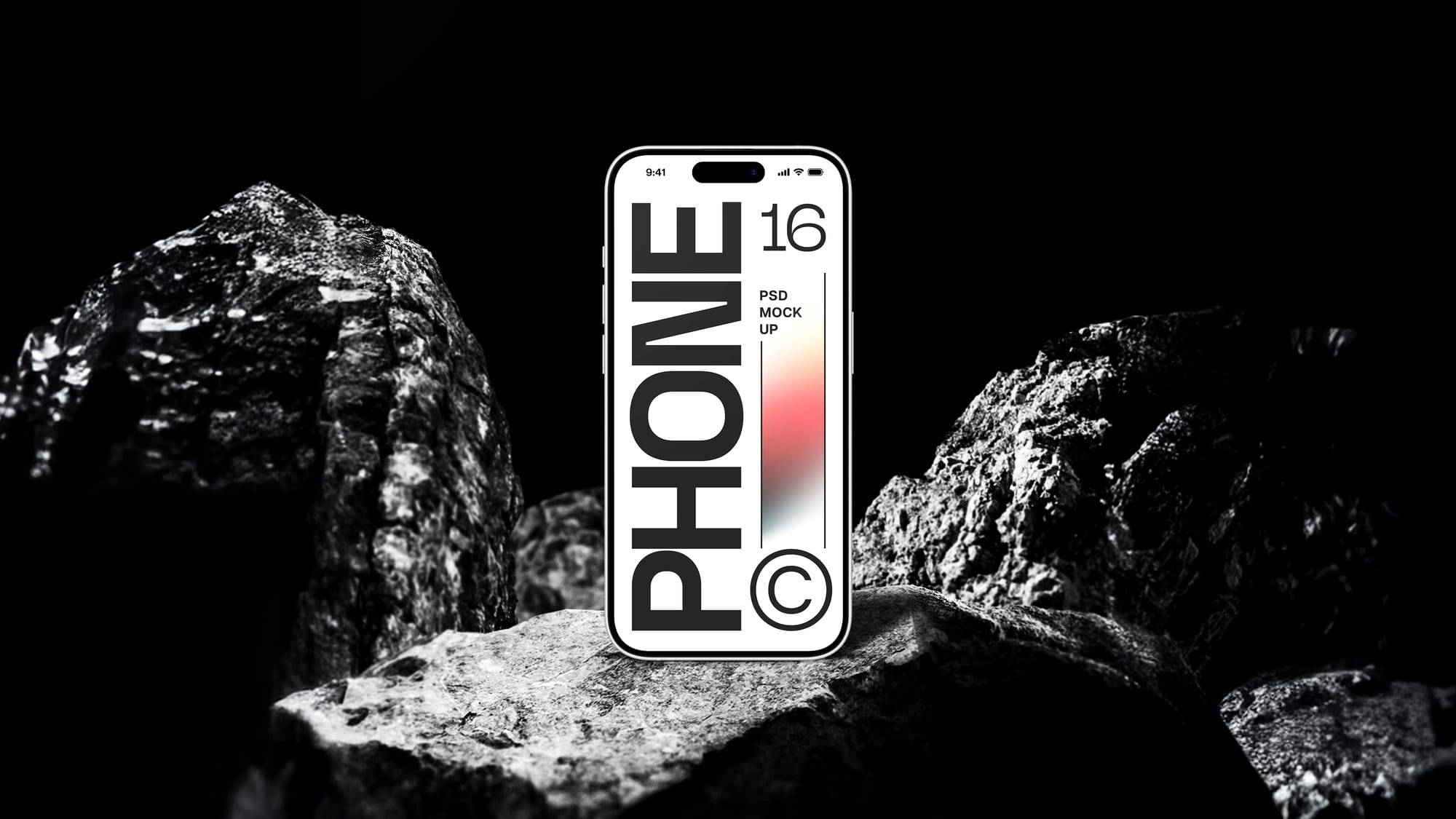 iPhone 16 Mockup on Black Stone