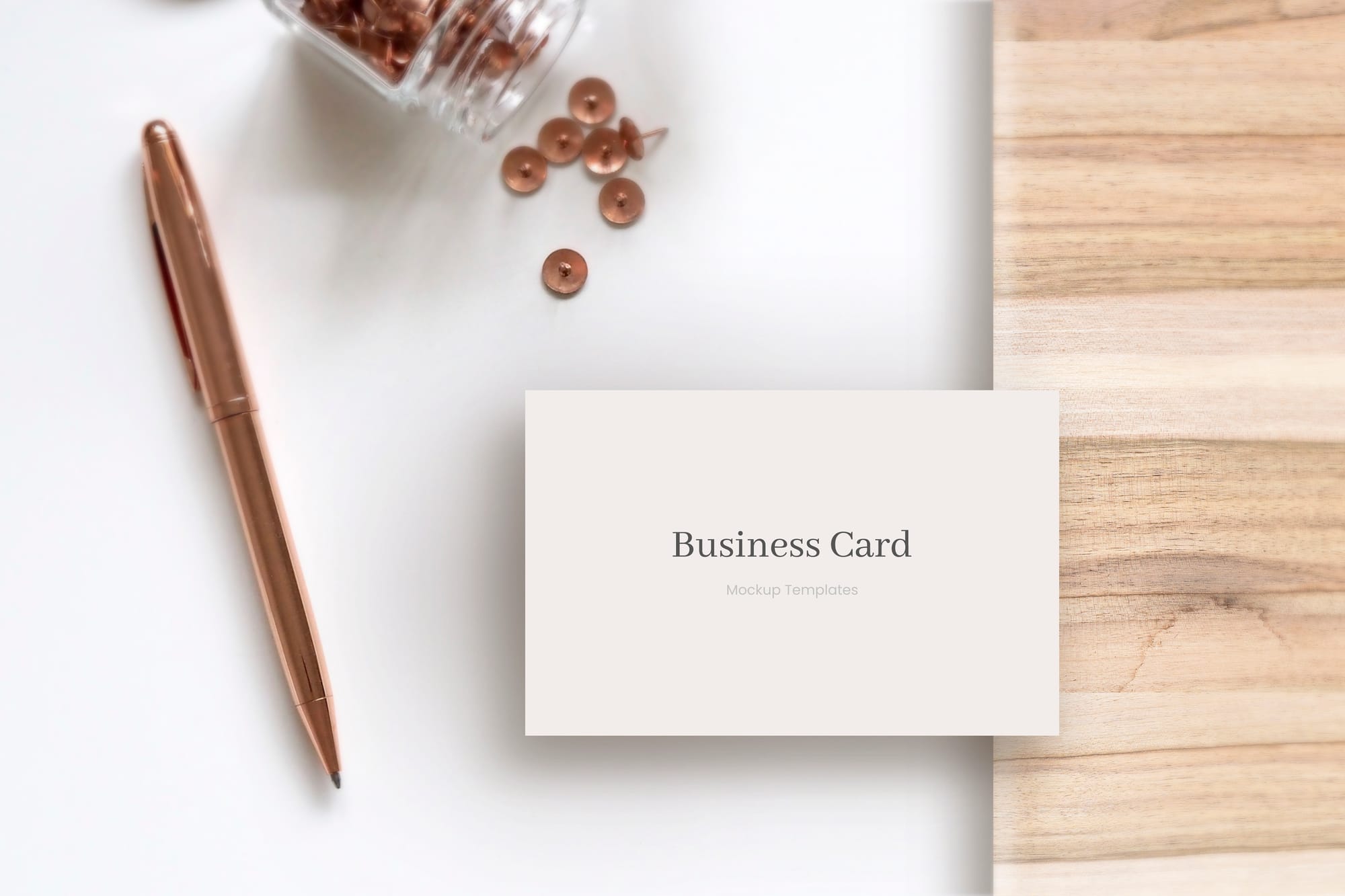 Business Card Mockup on White Background with Pins and Pen