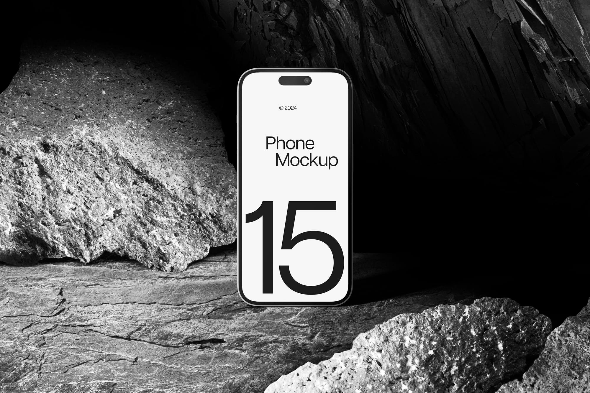 iPhone 15 Pro Mockup Realistic Dark Stone Scene