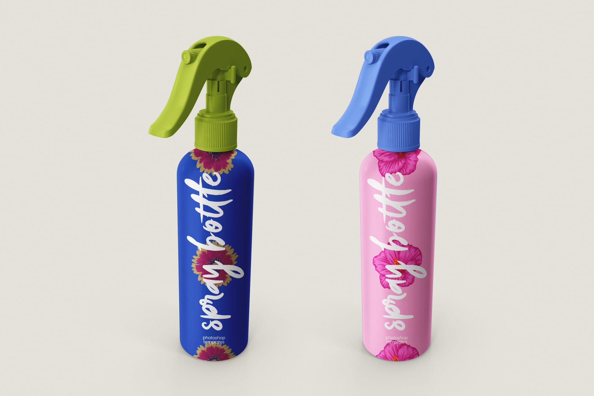 Colorful Spray Bottle Mockup Set Blue and Pink Bottles