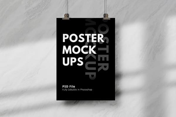 Black Poster Mockup Hanging On A Rope With Shades of Shadow