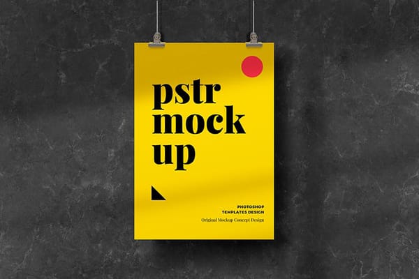 Hanging Poster Mockup on Black Marble Surface