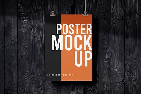 Hanging Poster Mockup with Black Wood Background