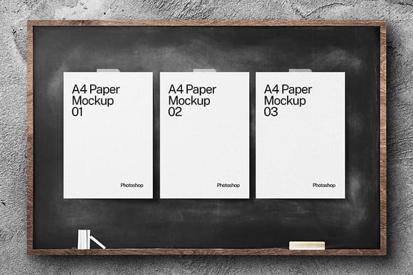 Lined Up White A4 Paper Mockup Sticked on Black Chalkboard