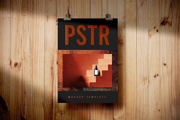 Realistic Hanging Poster Mockup on Wood Background