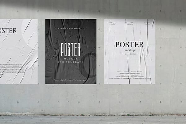 Three Sticked Wrinkled Black and White Poster Mockup