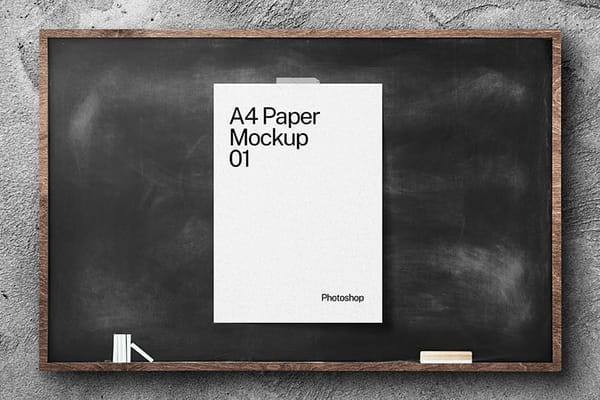 White A4 Paper Mockup Sticked on Black Chalkboard