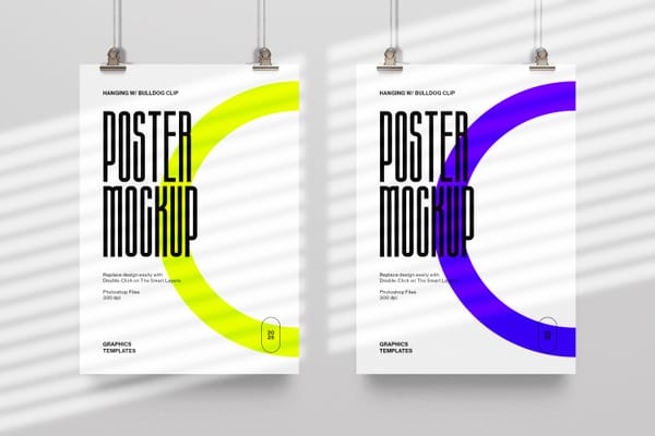 Two Hanging Posters with Clips and Shadow Overlay