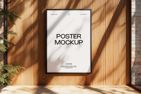 Framed Poster Mockup with Sunlight and Shadow on Wood Paneling