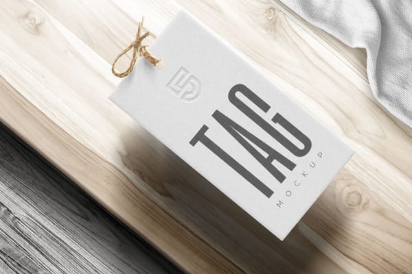 Floating Branding Tag Mockup on Wood Background