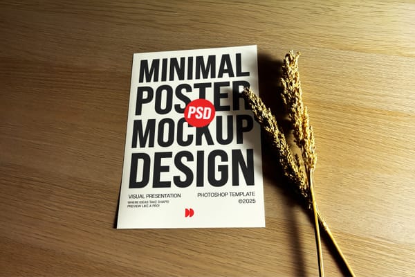 Minimal Poster Mockup on Wood Background