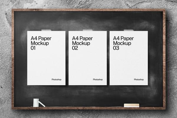 Lined Up White A4 Paper Mockup Sticked on Black Chalkboard