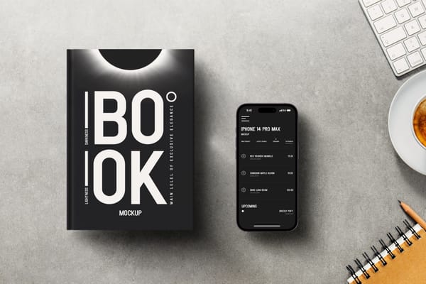 Realistic iPhone 14 Pro Max & Book Mockup on Desk