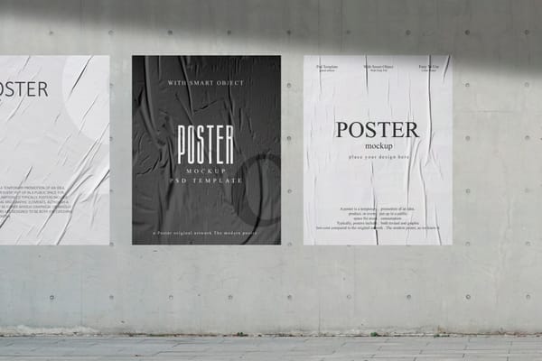 Three Sticked Wrinkled Black and White Poster Mockup