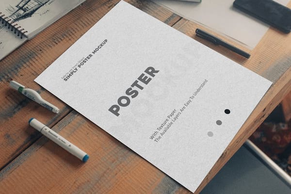 Minimalist Poster Mockup on Wooden Desk