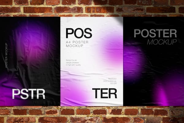 Glued Poster Mockup With Brick Wall Background