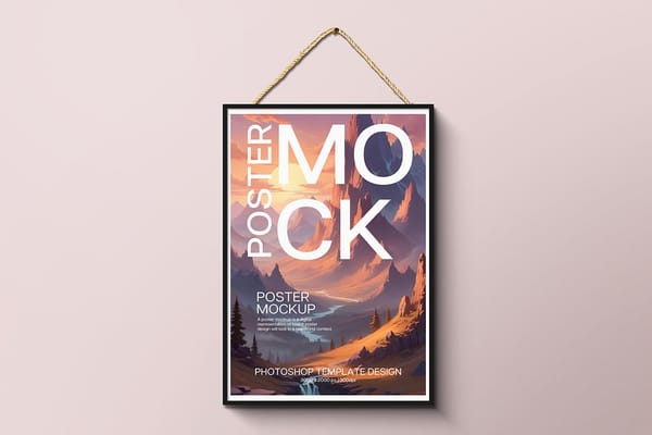Hanging Poster Mockup With Dark Color Background