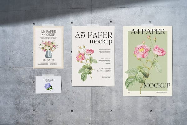 Paper & Postcard On Wall Mockup