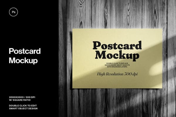 Postcard Mockup on Wood Background
